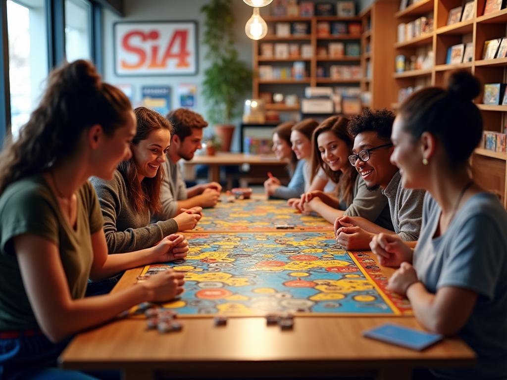Diverse Gruppe von Menschen spielt ein komplexes Brettspiel, lachende Gesichter