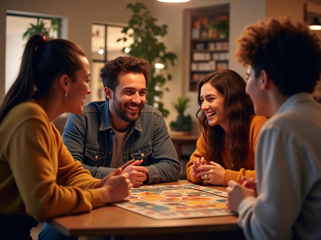 Freundliche Gruppe von Menschen lacht und spielt ein Brettspiel an einem Tisch