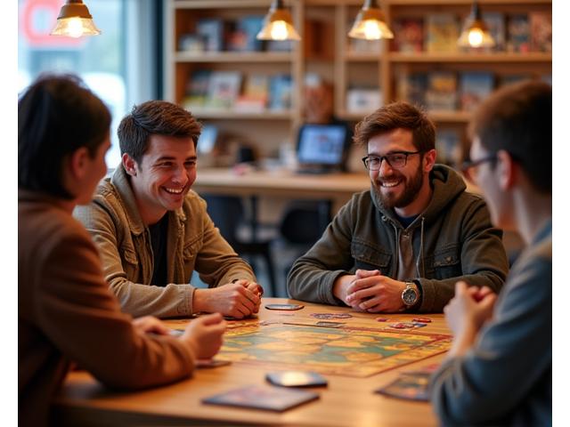 Kunden spielen Brettspiele in einem gemütlichen Laden