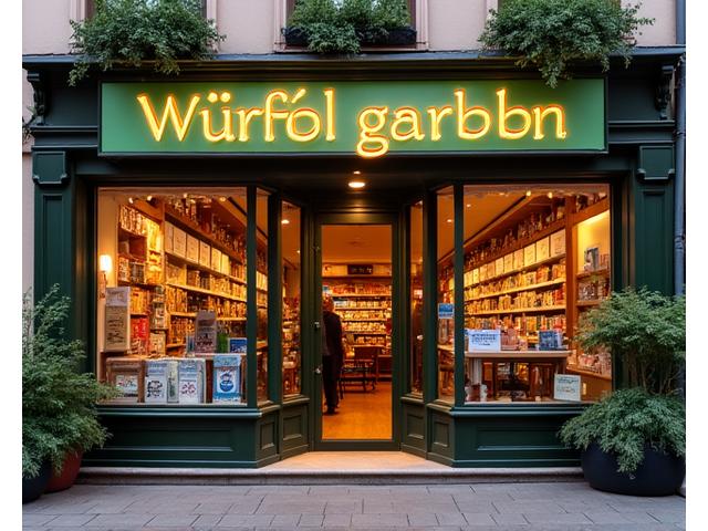 Außenansicht des Würfelgarten Ladens mit bunten Schildern und einladendem Eingang.