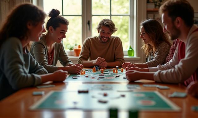 Eine Familie spielt ein komplexes Brettspiel auf einem Holztisch.