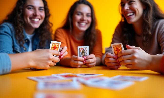 Freunde lachen, während sie ein schnelles Kartenspiel spielen.