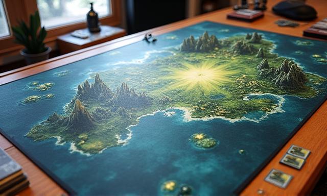 Eine detailreiche Spielmatte mit Fantasy-Motiv ausgebreitet auf einem Tisch.