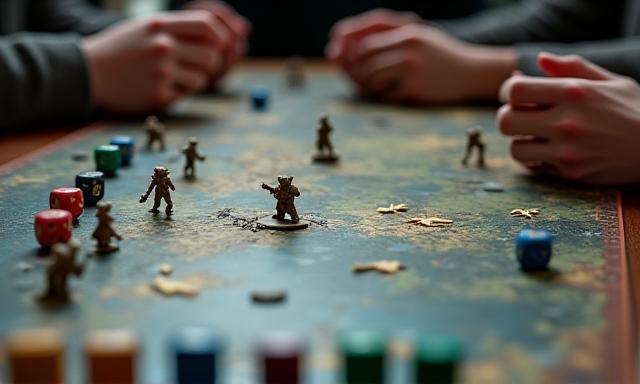 Gruppe von Spielern vertieft in ein Rollenspiel mit Würfeln und Charakterbögen.
