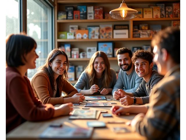 Ein gemütlicher Brettspieltisch mit lachenden Spielern und Würfelgarten Logo im Hintergrund